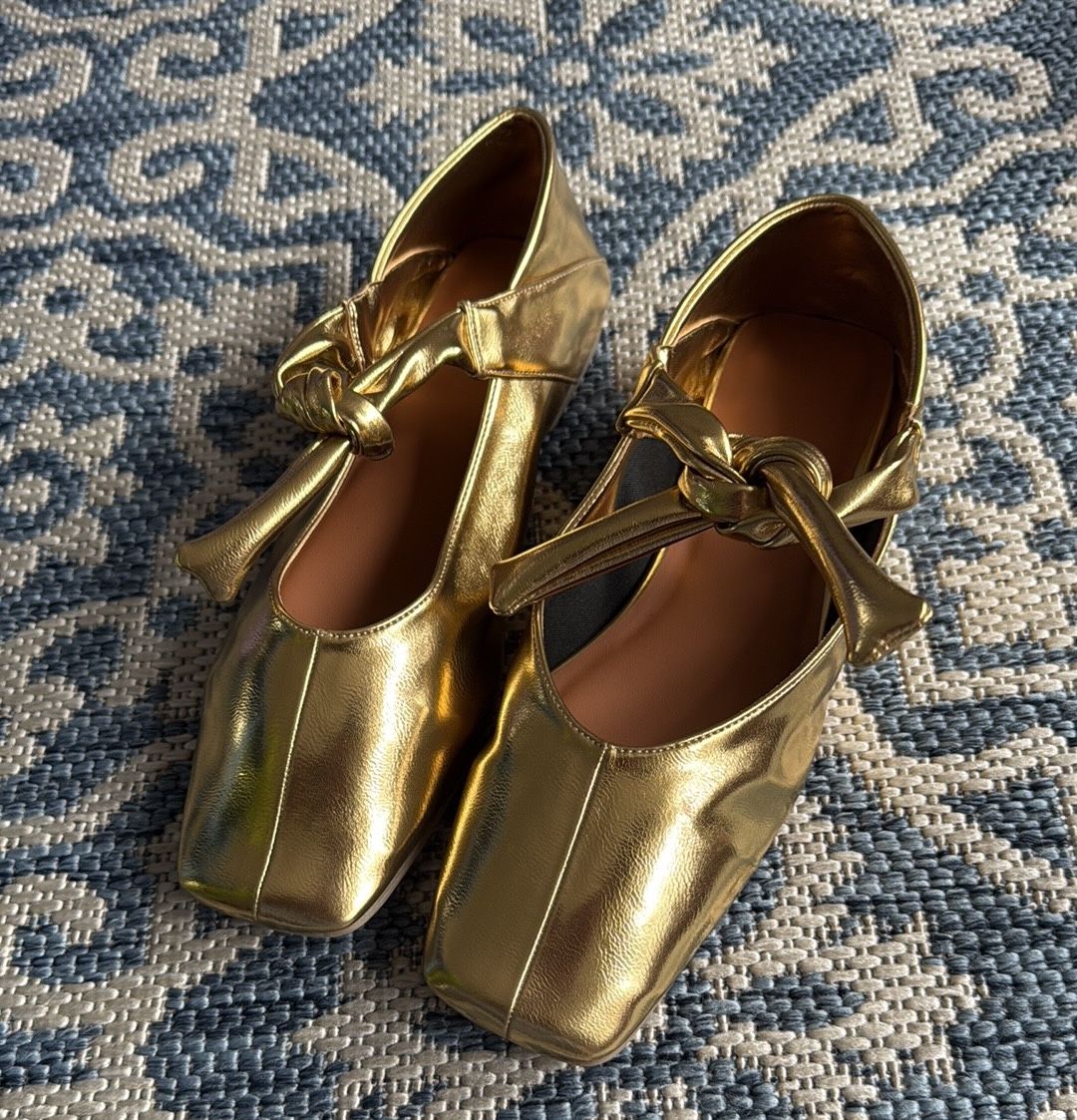 Gold Metallic Flats with Square Toe and Satin Finish NEW!