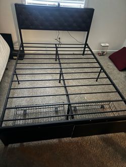 OBO Black Metal Queen Bed Frame with Tufted Headboard and Storage