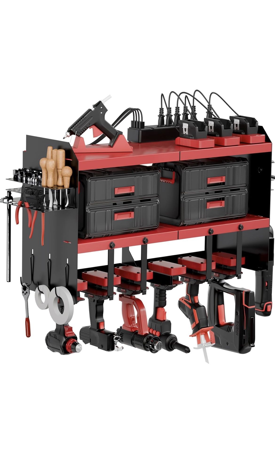 Brand New Power Tool Organizer Wall Mount Charging Station with Angle Grinder Holder, Built in 6 Outlet Power Strip and 2 USB Charging Ports
