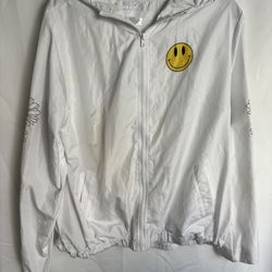 Orange Kiss Size L white windbreaker happy face “stay positive” zipper front