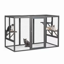 71” Outdoor Patio Cat Enclosure / Playpen / Cage (Gray Wood Framed) [NEW] <Assembly Required>