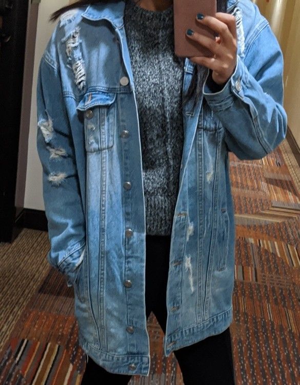 Fashion Nova Oversized Distressed Ripped Denim Jean Jacket