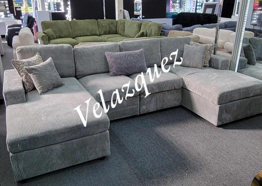 ✅️✅️4 pc fog grey corduroy fabric sectional sofa with double chaise✅️✅️✅️