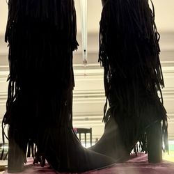 Women’s Black Fringe Over-the-Knee Boots Size 11 – Block Heel, Boho Western Vibes