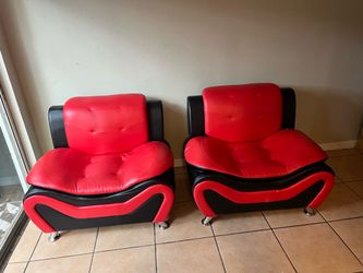 Pair of Modern Red & Black Faux Leather Club Chairs – Great Condition
