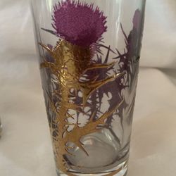 MCM Gregory Duncan Scottish Thistle 22K Gold Purple Bar Glass Tumbler Highball