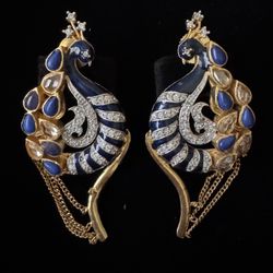 [NEW] Royal Blue Enamel Peacock Earrings – Kundan & Gold Chain Detail