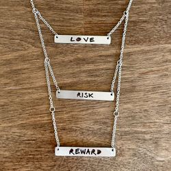 Jaeci 50” Layered Cutout Bar Necklace LOVE - RISK - REWARD, Silver Tone