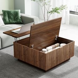 Lift Top Coffee Table, Farmhouse Square Fluted Center Table, 31" Modern Wooden Tea Table with Hidden Storage for Living Room, Apartment, Small Spaces,