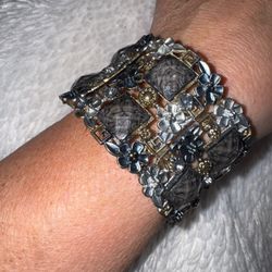 Vintage Enamel & Rhinestone Metal Cuff Bracelet, size 7