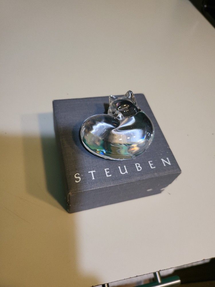 Steuben Cat Hand Cooler Paperweight