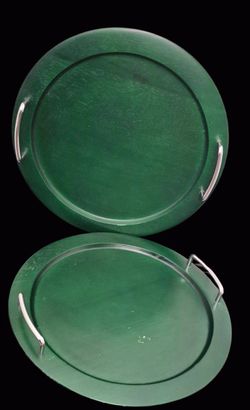 Vintage Studio Nova Green Wood Round Serving Trays Chrome Handles Postmodern MCM Set of 2