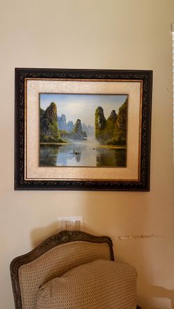 Large Framed Mountain Lake Landscape Artwork – Elegant Statement Wall Art