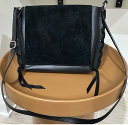 Borse in Pelle Black Leather & Suede Shoulder Bag Lace-up Accents, Made in Italy