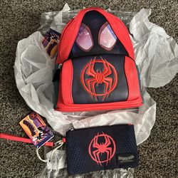 Loungefly Marvel Spiderverse Miles Morales Hoodie Lenticular Mini Backpack with wallet bundle
