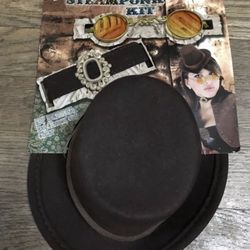 Womens Victorian Steampunk COSTUME KIT Mini Brown Top Hat glasses choker