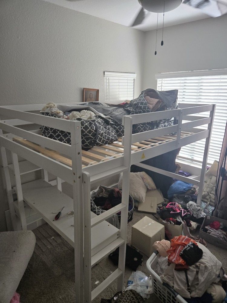 LCH Full Loft Bed with Desk and Shelves, Wood Loft Beds Frame with Bookcase, Modern High Loft for Kids Boys Girls Teens, Full Size, White