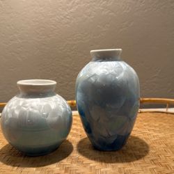 Set Of 2 Blue Ceramic Bud Vases
