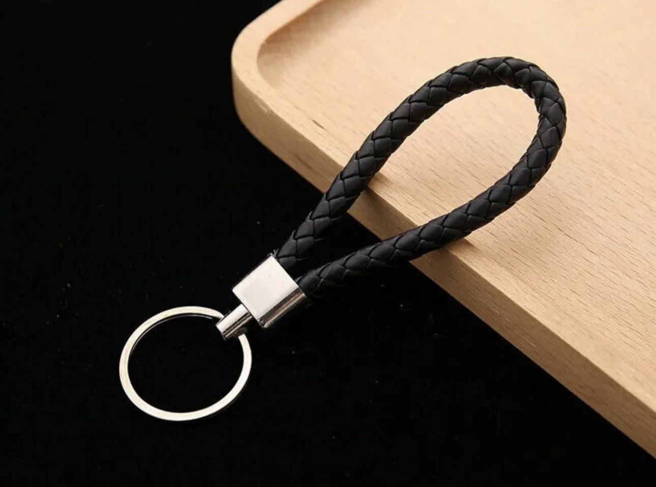 Black Braided Leather Keychain