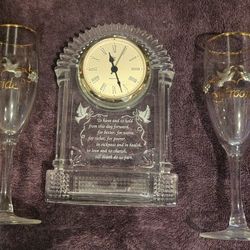 Crystal Wedding Clock W/Bride & Groom Flutes