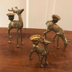 Vintage Christmas Deer Candle Holders Set Of 3 Brass Doe & Buck Holly
