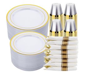 (9999-50) 350 PCS White and Gold Plastic Dinnerware Set for 50 Guests, 100 Thanksgiving Disposable Plates for Party, 50 Pre Rolled Napkins with Gold S