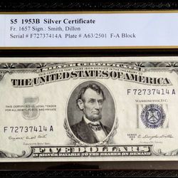 1953-B vintage $5 Silver Certificate Treasury note PCGS graded Gem Unc 65 bill