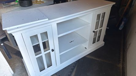 White Wood TV Stand with Glass Door Cabinets