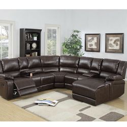 5 Pc Brown bonded leather sectional sofa with chaise and recliners