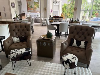 Pair of Arhaus Leather Tufted Armchairs- Matching set