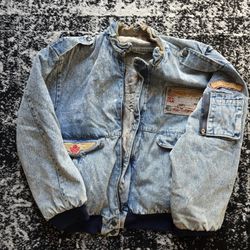 VTG Dual Control Denim Bomber Jacket Mens  80s 90s Stone Wash Grunge Sz TALLIE
