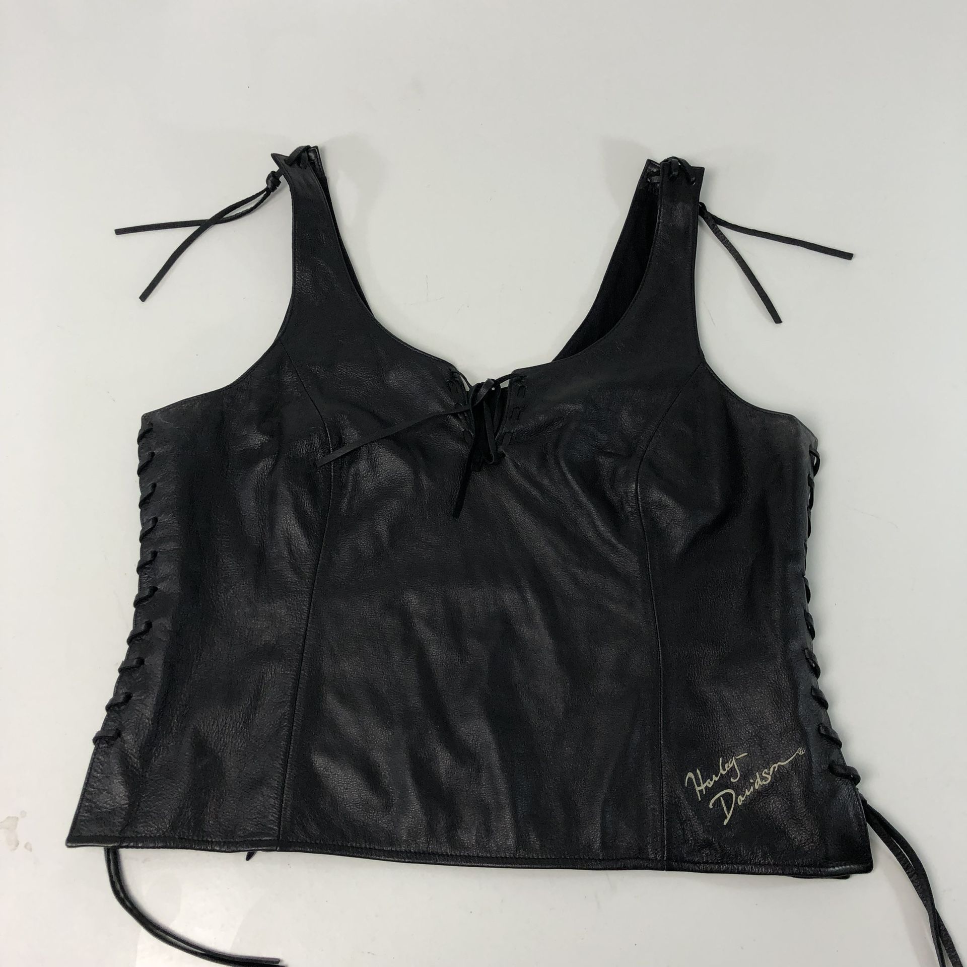  Harley Davidson Black Leather Back Zip Braided Halter Crop Tank Top Biker Large  excellent condition may have marks from use.  Sold as is.  Runs tigh