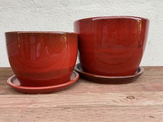 Round Red Glazed Ceramic Pot Planter With Saucer Set Of 2