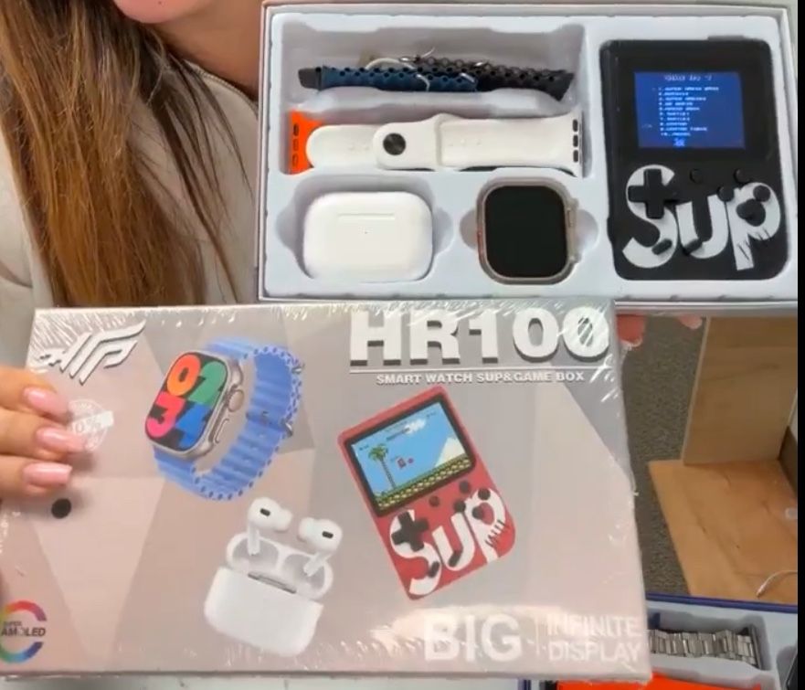 HR100 Smart Watch, Earbuds, And Handheld Game Bundle Great Gift
