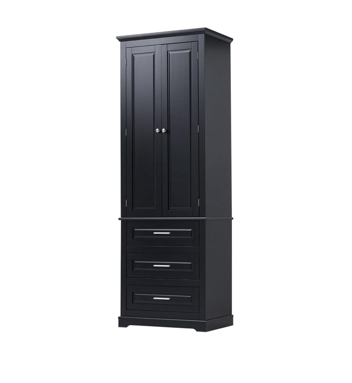 Assembled new Tall black Freestanding Cabinet with 3 Drawers and 2 Doors, Adjustable Shelves