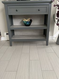 Beautiful Blue/gray Console Table For Entry Way With Two Open Shelves And Storage Drawer