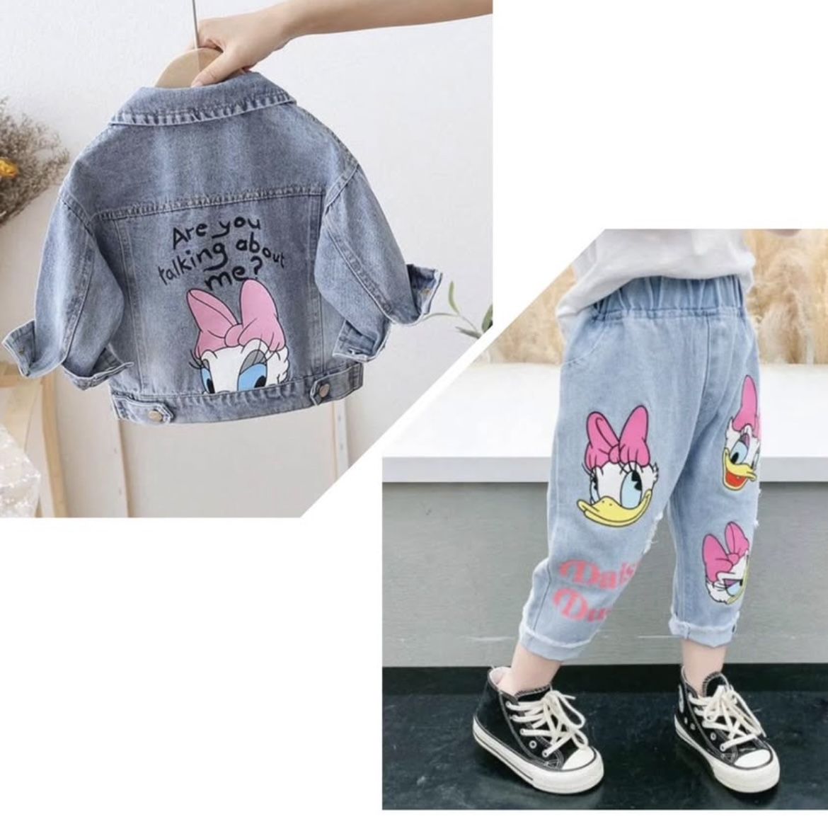 Brand New Fashion Cartoon Denim Jacket & Ripped Jeans Set
