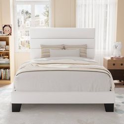 Twin Size Platform Bed Frame with Velvet Upholstered Headboard Wooden Slats Support, Fully Upholstered Mattress Foundation, No Box Spring Needed, Easy