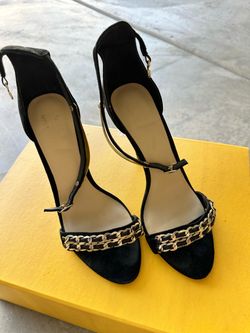 Black Suede Heeled Sandals with Gold Chain Detail