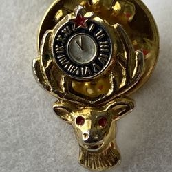 BPOE Small Elks Fraternal Clock Deer Lapel Pin Badge gold tone