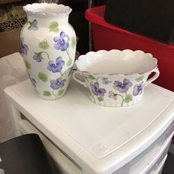 Andrea By Sade’s Porcelain Purple Violet Vase And Bowl Set