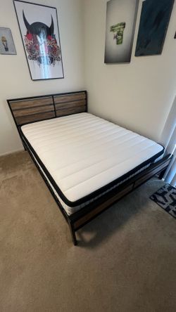 Queen Bed Frame + Inofia Hybrid Mattress Set — Industrial Metal & Wood