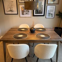 Gorgeous Wood Table and Cream Boucle Dining Chairs