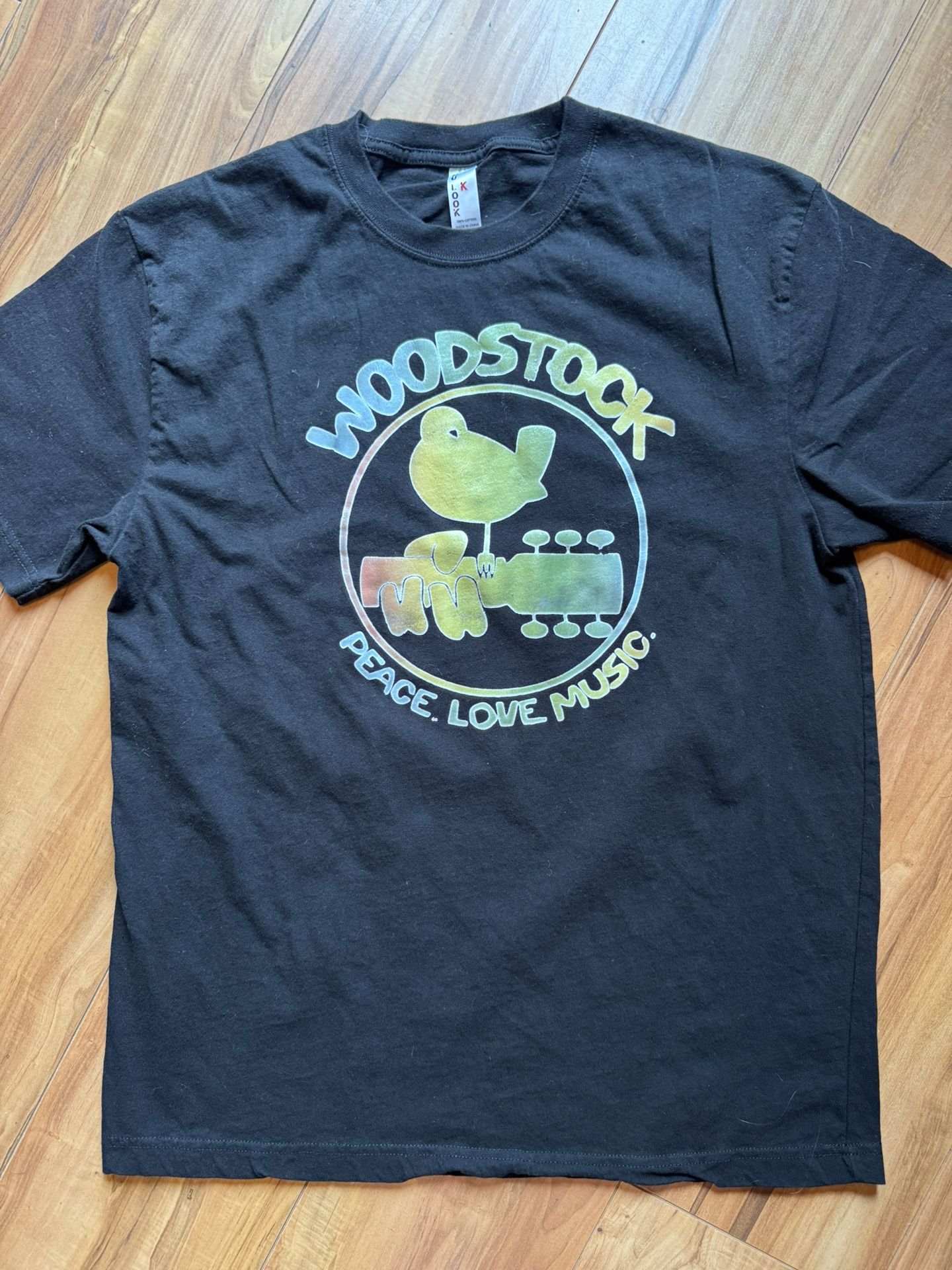 Woodstock Peace Love Music Guitar T Shirt Black LRG Music Concert Festival EUC