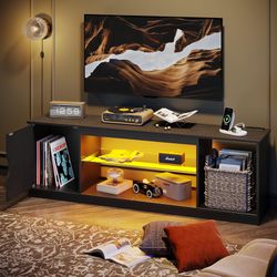 LED TV Stand with Power Outlets for 55/60/65 Inch TV, Gaming Entertainment Center with Cabinet for PS5, Modern TV Cabinet with Adjustable Glass Shelve