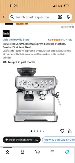 Breville BES870XL Barista Express Espresso Machine, Brushed Stainless Steel