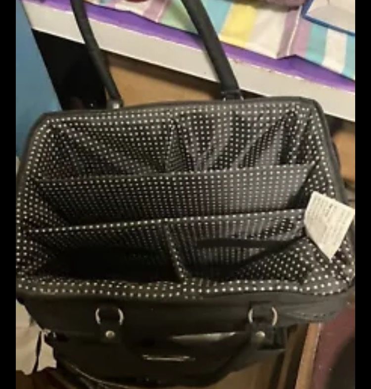 Craft Organizer Tote Bag Black White Compartments Pockets Handles 7"x12"x9"