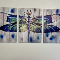 3 Piece Canvas Dragonfly Wall Art 48x24 Total Size 