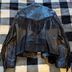Women's Medium Vintage Black Leather Fringed Jacket