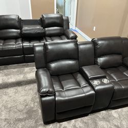 New Reclining Couch W Fold Down Console / Love Seat.  Brown Leather.  Free Delivery!